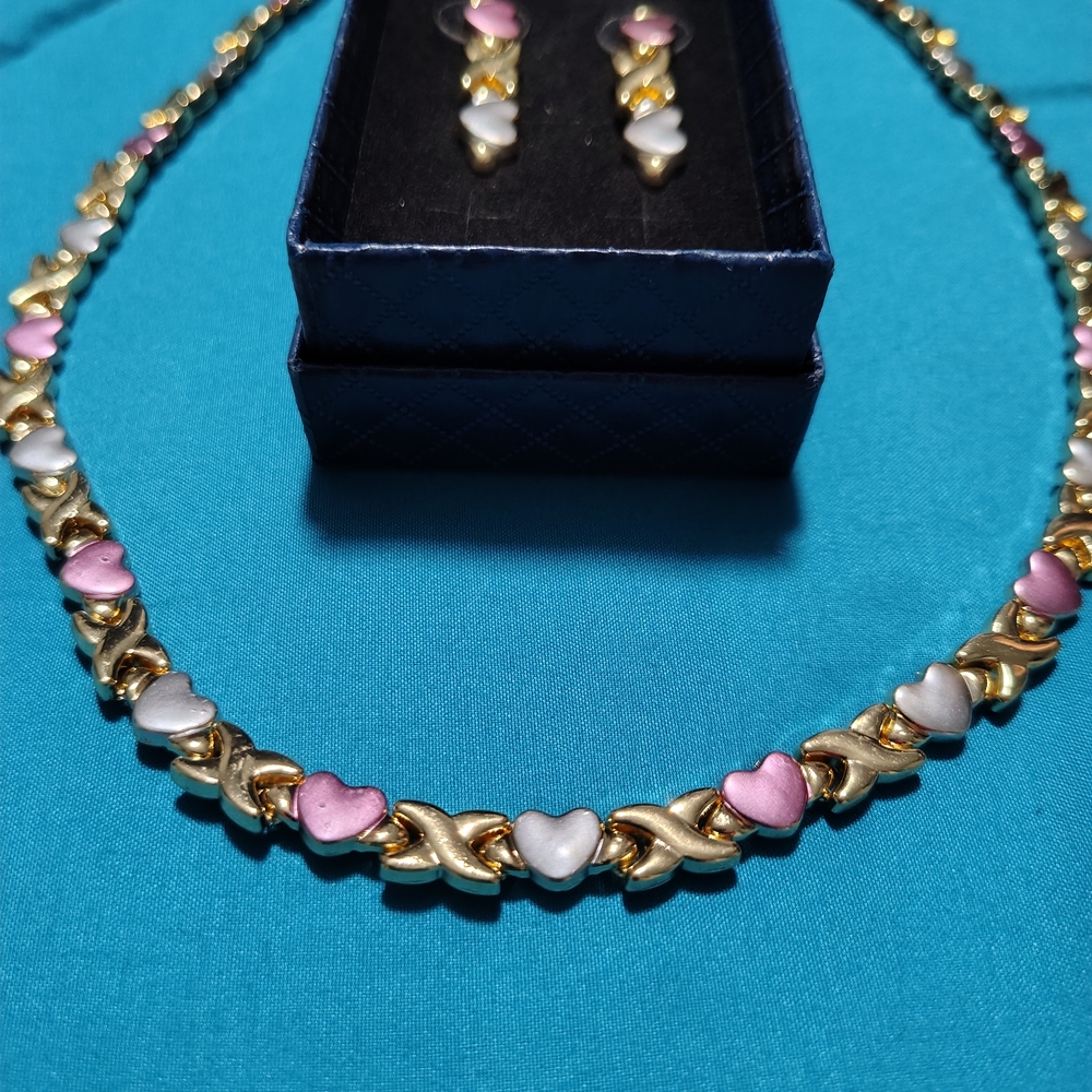 Gold and Pink Heart Necklace and Earring Set